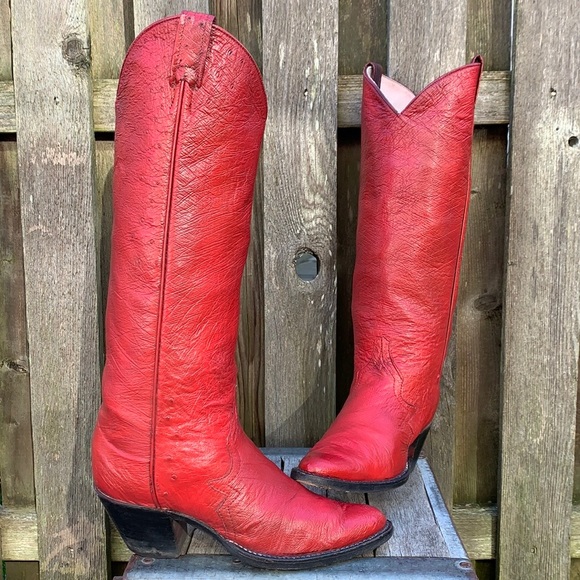 LARRY MAHAN VTG Ostrich Exotic Tall Knee High Red Painted Cowboy Western Boots - Picture 3 of 13